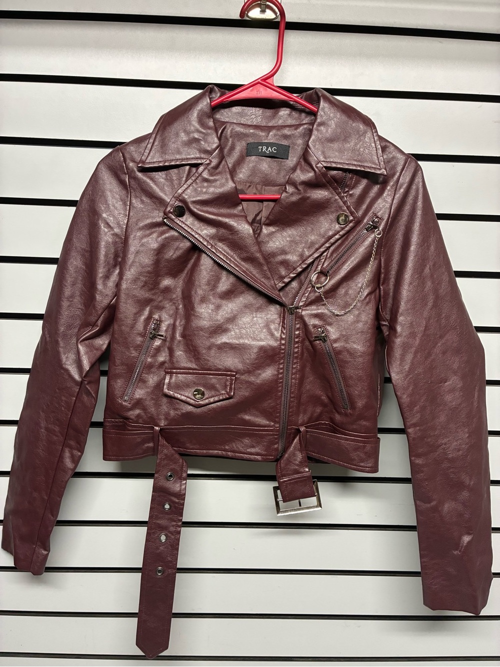 Trac Women's Burgundy Faux Leather Moto Jacket with Belt